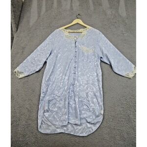 Vintage Partners Nightgown Women L Blue Satin Lace Trim Button Front Elegant